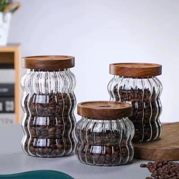 Wood Lid Striped Glass Storage Bottles Sealed Jar Tea Coffee Beans Grains Candy Jars Organizer Kitchen Food Glass Containers 250211