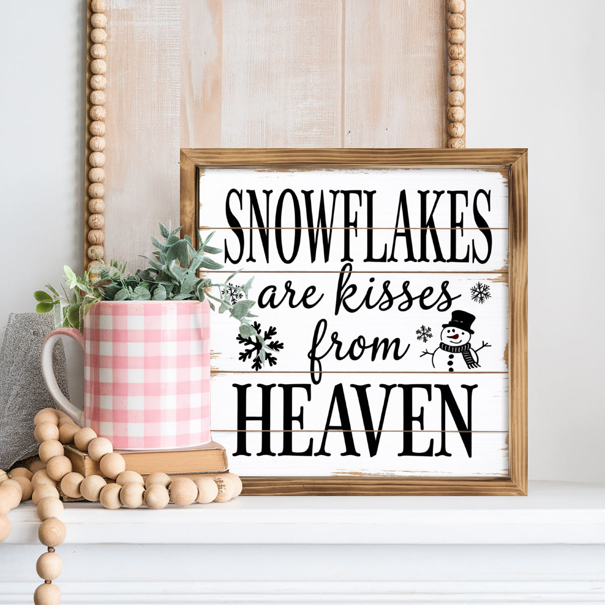 TEMU 1pc Snowflakes Are From Heaven Farmhouse Wall Decor - Rustic Wood Framed Sign With Black Lettering & Snowflake Cutouts, 8x8 Inch Natural Wood