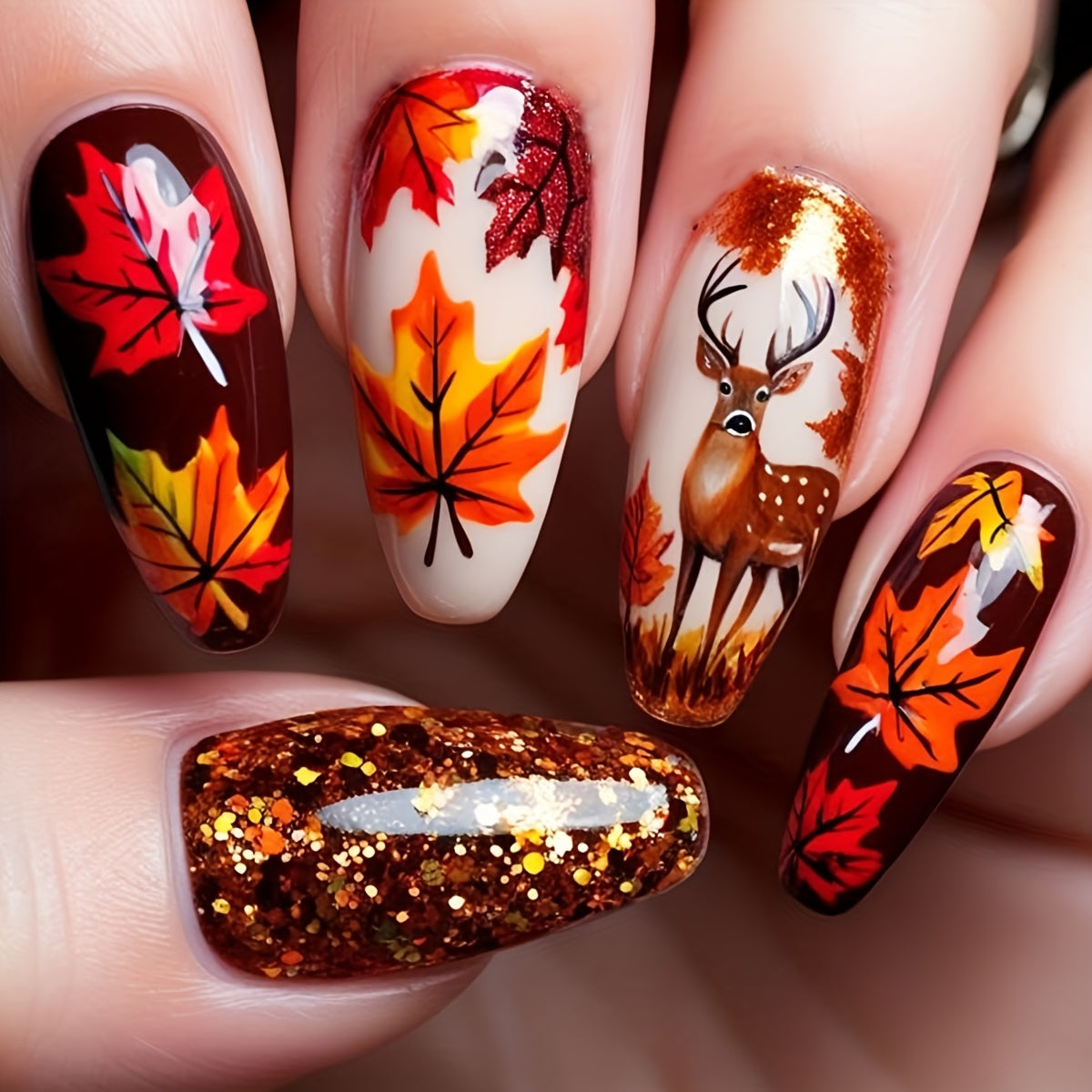 TEMU 24pcs Long Almond Press-on Nails - Autumn & Design, Golden Glossy Fake Nails For Fall Parties, Thanksgiving, Daily Wear, Party Accessories,