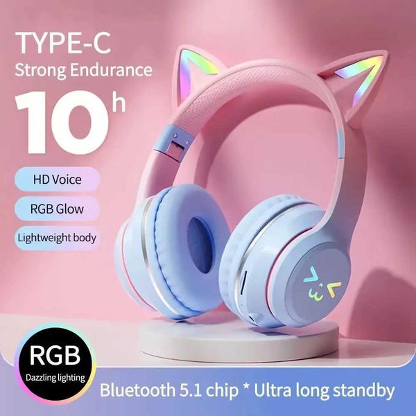 Headsets TWS wireless earphones RGB cute cat girl childrens earphones with microphone stereo music game earphones control light earphones P9