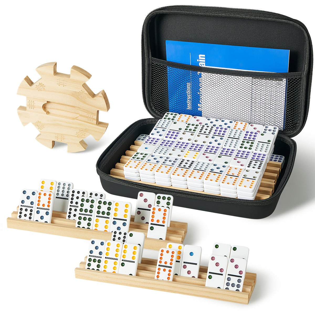 TEMU Dominoes Double 12 Game Set With 91 Colorful Tiles, 9 & 4 Wooden Racks - Complete Board Game With Eva Suitcase, Strategy Game For Adults &,