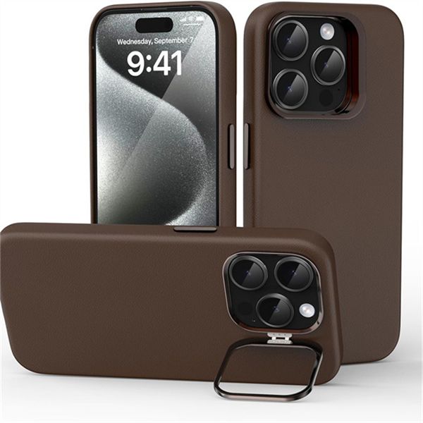 Suitable for Apple iPhone 16pro phone calf leather high-end protective case, lens holder, phone case 16promax anti drop leather case