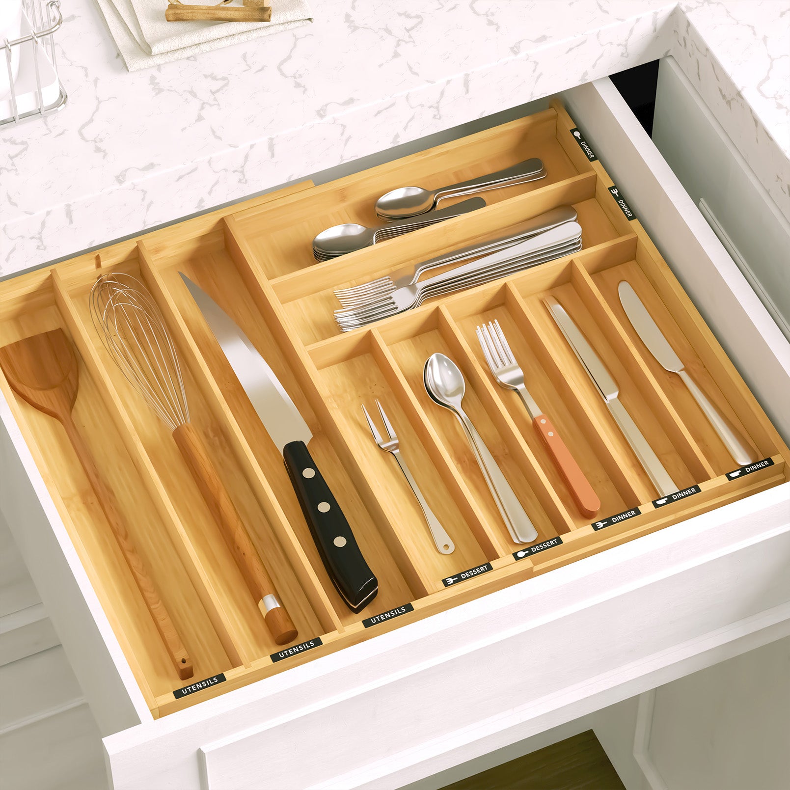 TEMU Expandable Bamboo Utensil Tray, Organizer With Labels For Flatware, Cutlery, Spoons, And Knives, Slots