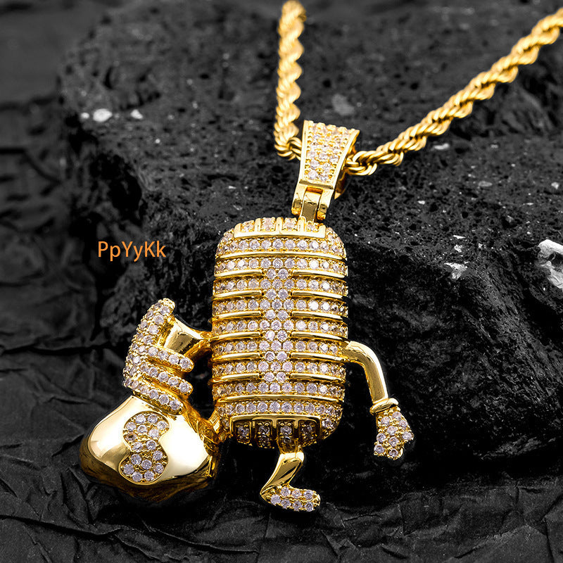 DiamondInlaid MicrophoneNecklace Pendant HipHop Pop Cartoon Fashion BlingBling Accessory