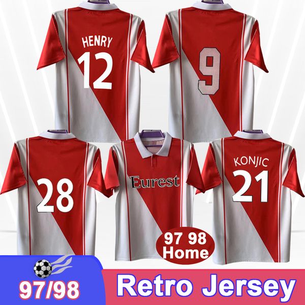 1997 1998 AS Monaco KONJIC Retro Mens Soccer Jerseys HENRY Home Red White Vintage Football Shirts Short Sleeve Adult Uniforms