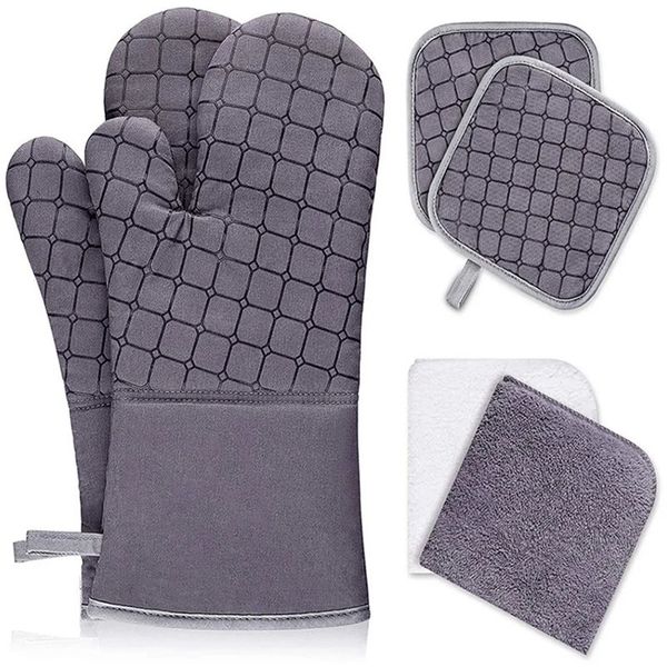 SV-6Cps Oven Mitts And Pot Holders Sets Heat Resistant And Food Grade Silicone Gloves With Kitchen Towels For Cooking 250106