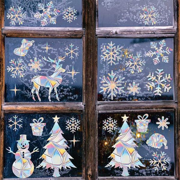 1set Christmas Snowflake Elk Winter Rainbow Window Sticker Clings Decorative PVC Stained Glass Window Decals Home New Year DecorXJ241114