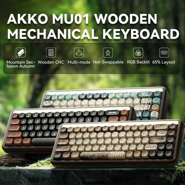 Akko MU01 Mountain Seclusion Wooden Mechanical Keyboard RGB Hot-swappable BT 5.0-2.4G Wireless Type-C Wired Gaming KeyboardM240715