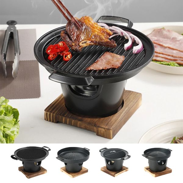 BBQ Grills Mini Barbecue Oven Grill Japanese Smokeless Alcohol Stove Wooden Frame Outdoor Roasting Meat Tools 231202