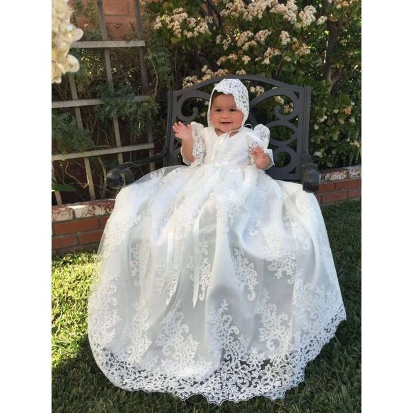 Selg Christening Best Gowns For Baby Girls Jewel Neck Lace Appliqued Baptism Dresses First Communication Dress With Bonnet