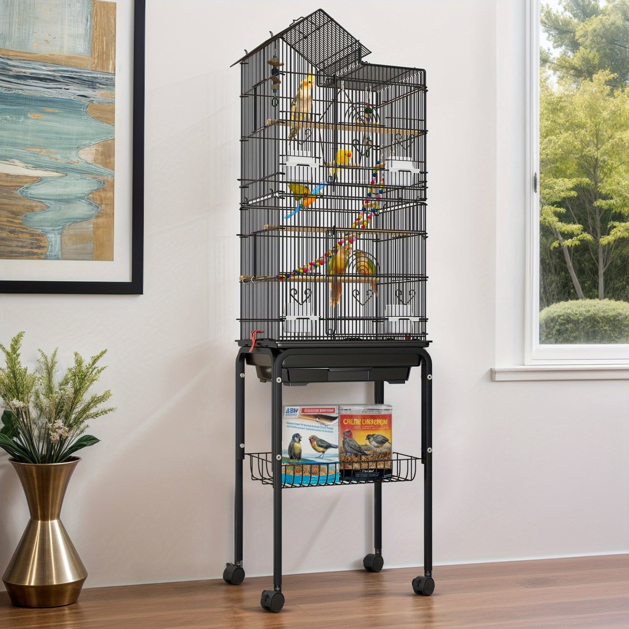 TEMU 62-inch Metal Bird Cage: Bird Cage Spacious For Cockatiels, Parrots, Pigeons, Lovebirds, Features Roof Access And Rolling Stand Black
