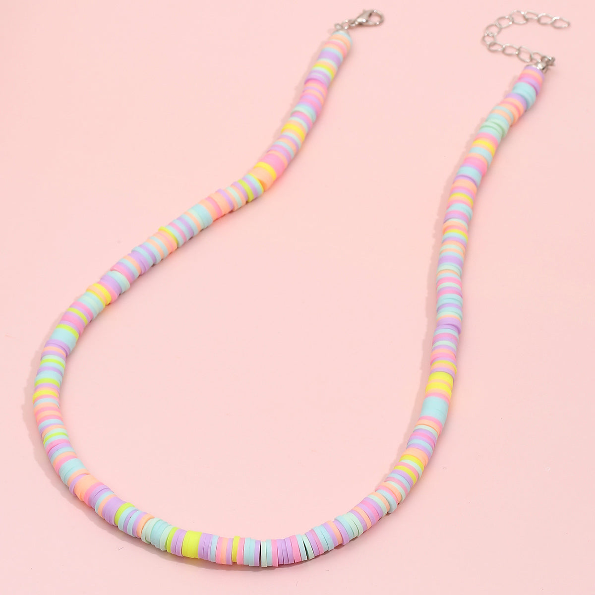 TEMU 1pc Colorful Soft Clay Necklace - Cute Pastel Bead Bracelet With Multicolor Stripes, Lightweight Everyday Jewelry For Women, Vacation & Daily