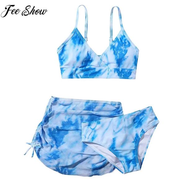 3Pcs Kids Girls Summer Print Bikini Swimsuit Sleless Vest Crop Top Swim Briefs Beach Cover Up Skirt Set Pool Swimming SuitsT250212
