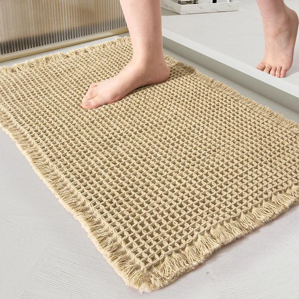 Bathroom Mat Woven Floor Mat Entrance Absorbent Carpet Microfiber Home Toilet Antislip Tassels Doormat Soft Machine Washable Rug 241223
