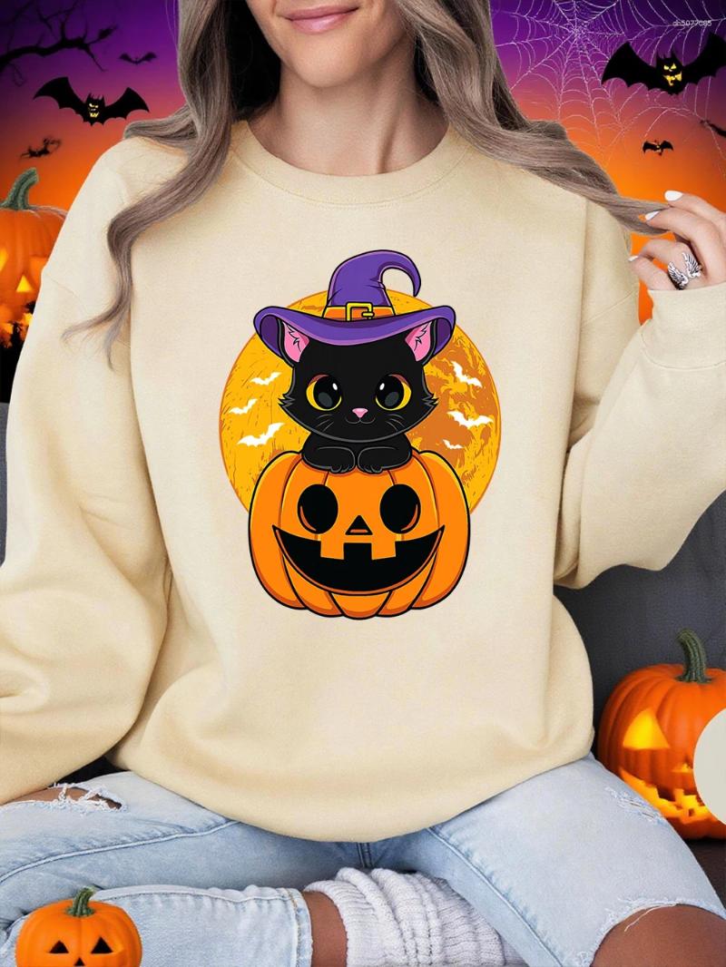 Women&#039;s Blouses Halloween Cute Kitten And Pumpkin Prints Sweatshirts Women Winter Fleece Warm Hoodie Crewneck Loose Pullover Casual Soft