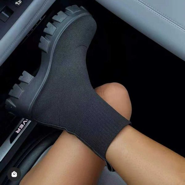 Wen Boots Elastic Platform Boots Breathable Spring Autumn H Slip Ankle Boots Elegant Heel Short Knitting Wan Shoes Z241211