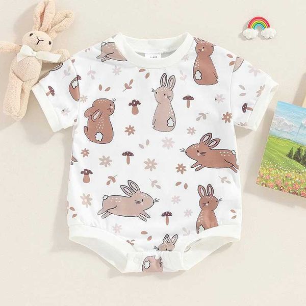 Cute Toddler Easter Bunny Romper with Carrot and Flower Print Round Neck Short Sleeve Jumpsuit for Baby Boy GirlC250108