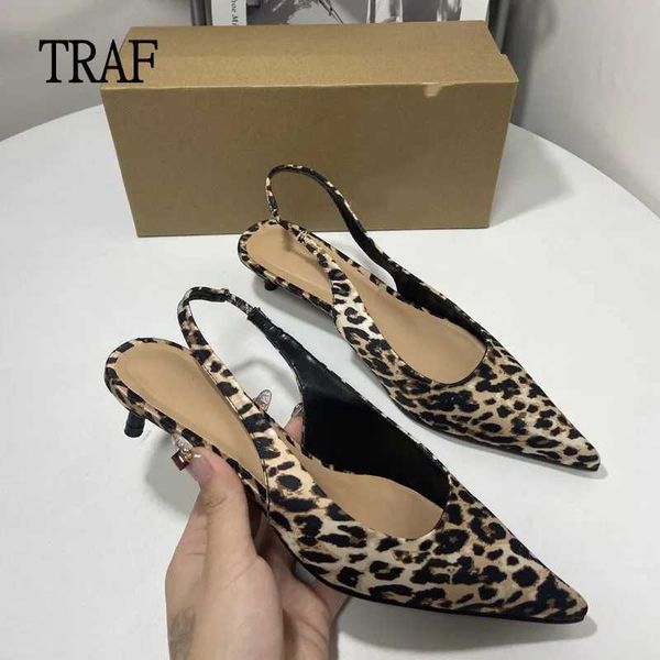 Sandals TRAF Women High Heeled Sandals 2024 Summer Leopard Print Pumps Woman Shoes Vintage Cat heels Party Slingback Office Heeled ShoesL464