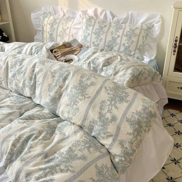 Korean style princess flower washed cotton bedding retro French floral lace ruffled down duvet cover pillowcase W240801
