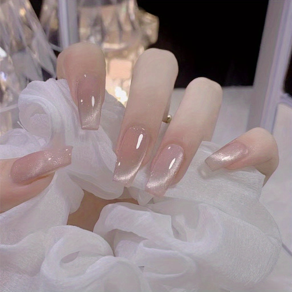 TEMU 24pcs Pink & Nude Cat Eye Press-on Nails - Medium , Glossy Finish With Star-pop , Handmade Gel For , |bride Nails |wedding Nails