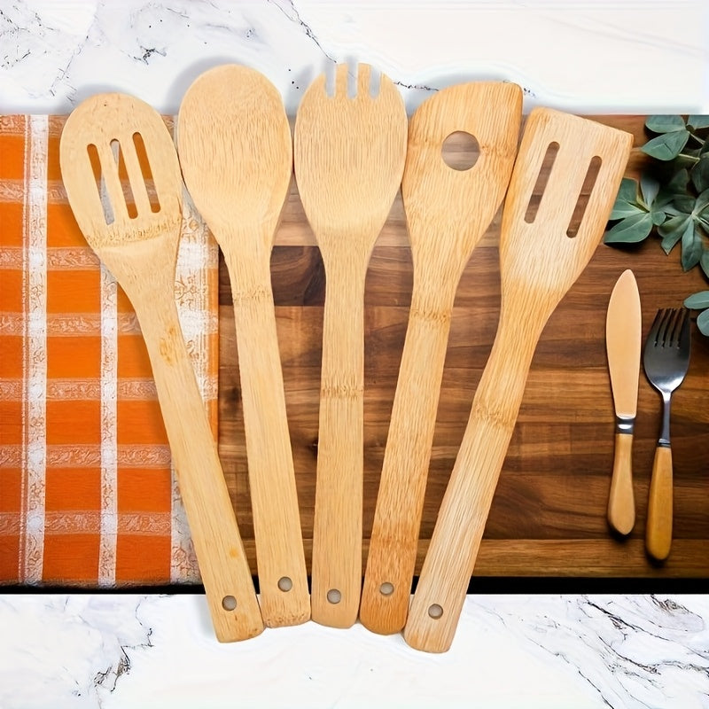 TEMU 5pcs Bamboo Cooking Utensil Set Tools Hand Wash Only Multi-functional Stirring Serving Spoons