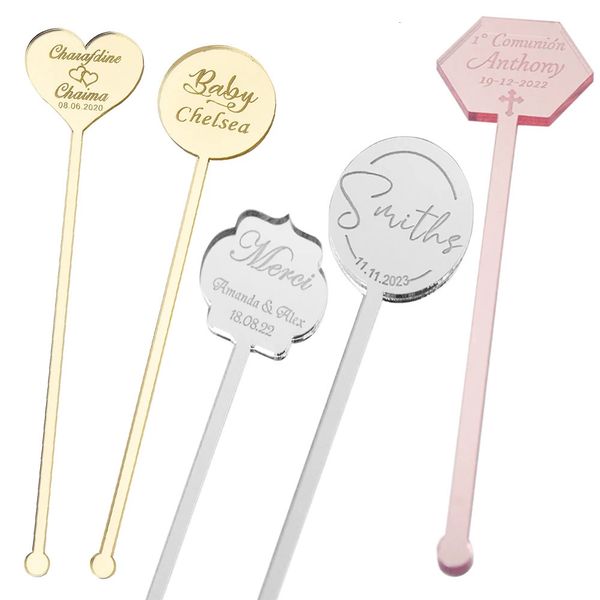 50*Personalized Engraved Round Acrylic Mirror Drink Stirrer Swizzle Sticks For Baby Shower Wedding Gift Decor Party Gfit 240118