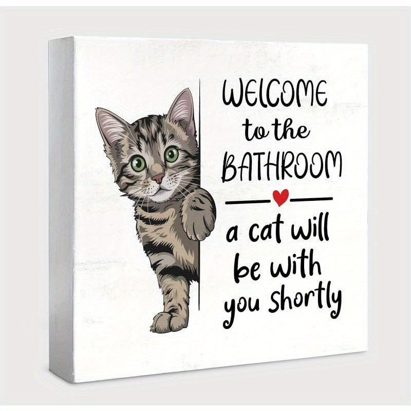 TEMU 1pc Funny Bathroom Wall Decor - Artificial Wood With "welcome To The Bathroom A Cat " - Design With Heart & Paw Print, 5x5 Inch (12.7x12.7cm) -