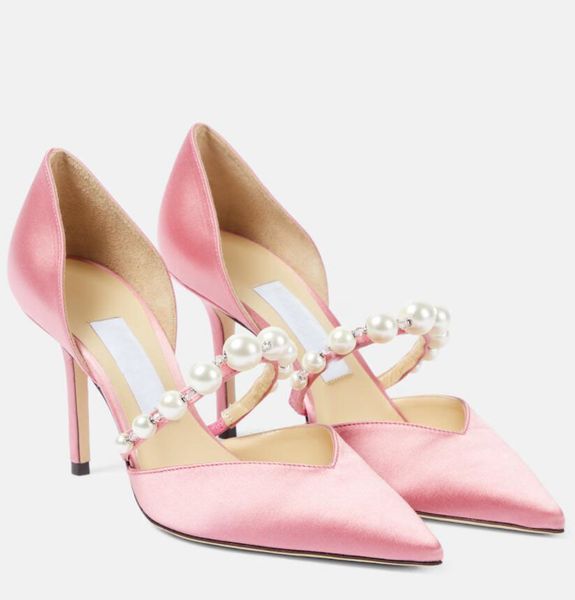 Dress pumps sandal wedding pearl strap heels Aurelie Embellished patent leather pumps top quality factory wholesale designer heel shoes pink