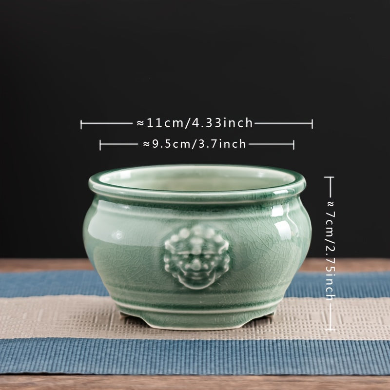 TEMU Vintage Animal Print Ceramic Bonsai Pot With Lacquered Finish And Drainage Hole - Tabletop Round Planter For Succulents And Small Plants, Ideal