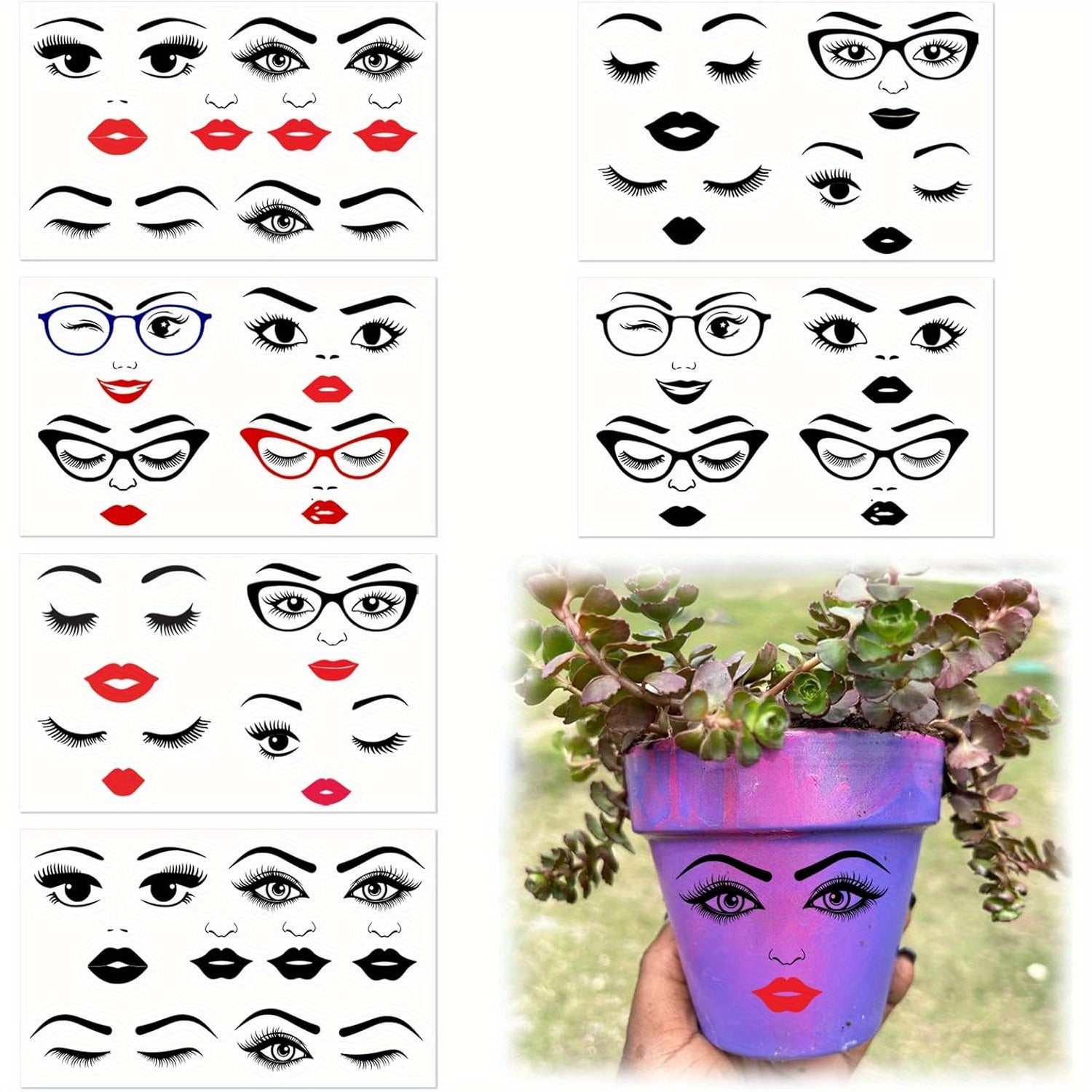TEMU 6 Sheets Face Stickers For Crafts - Lips, Mouth, Eyes, Eyebrows, Nose - Diy Decals For Holiday Party Supplies, Flower Pots, And Artistic