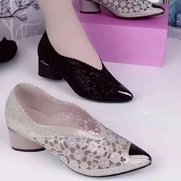 2024 Spring-Summer-Autumn Water Diamond High Heels Black Bow Womens Fashion Mesh Hollow Fashion Shoes 241111