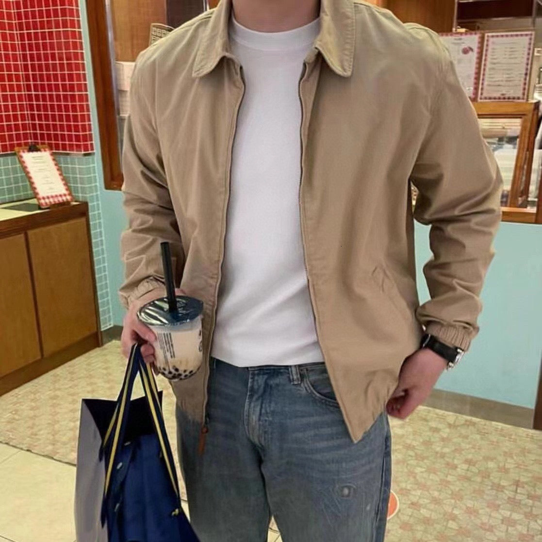 Khaki Workwear Coat for Men Small Horse Design Casual Outerwear Zip Up Jacket Vintage Style Fashion Streetwear Leather Inspired Bomber Jacket Comfor