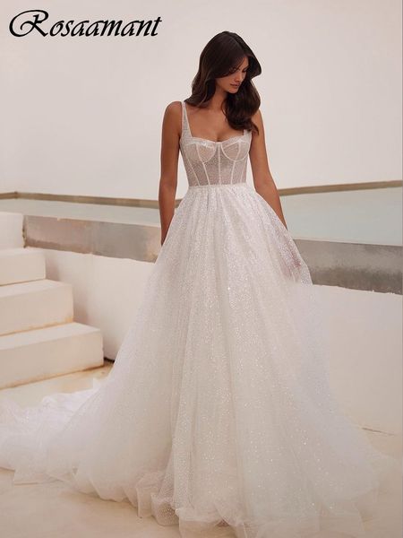 Simple Square Collar Sleeveless A-Line Wedding Dresses Glitter Crystal Spaghetti Straps Bridal Gowns Robe De Mariee
