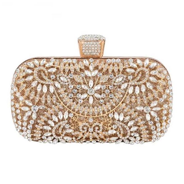 Diamond Evening Clutch For Women Wedding Golden Mini Purse Chain Shoulder Bag Small Hollow Out Flowers Crystal Party HandbagXJ240729
