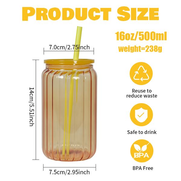 Can Sublimation Glass Mason Jar 16oz Jelly-colored Striped Cup Beer Mugs Reusable Cups Tumblers Suit for Juice and Coffee Drinkware LG44 4.2