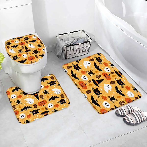 Cartoon Halloween Bath Mat Set Black Cat Ghost Bat Spider Pumpkin Autumn Home Carpet Bathroom Decoration Floor Carpet Toilet Cover M240829