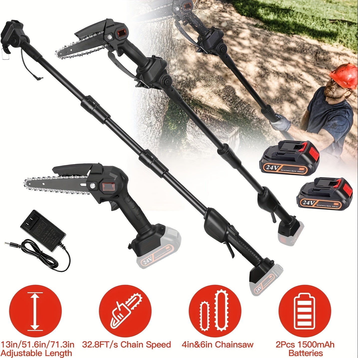 TEMU 2-in-1 Cordless Pole Saw, Battery Powered Pole Saws For Tree Trimming, Retractable And Pole Chainsaw, 13ft Reach Electric Pole Saw With And 2
