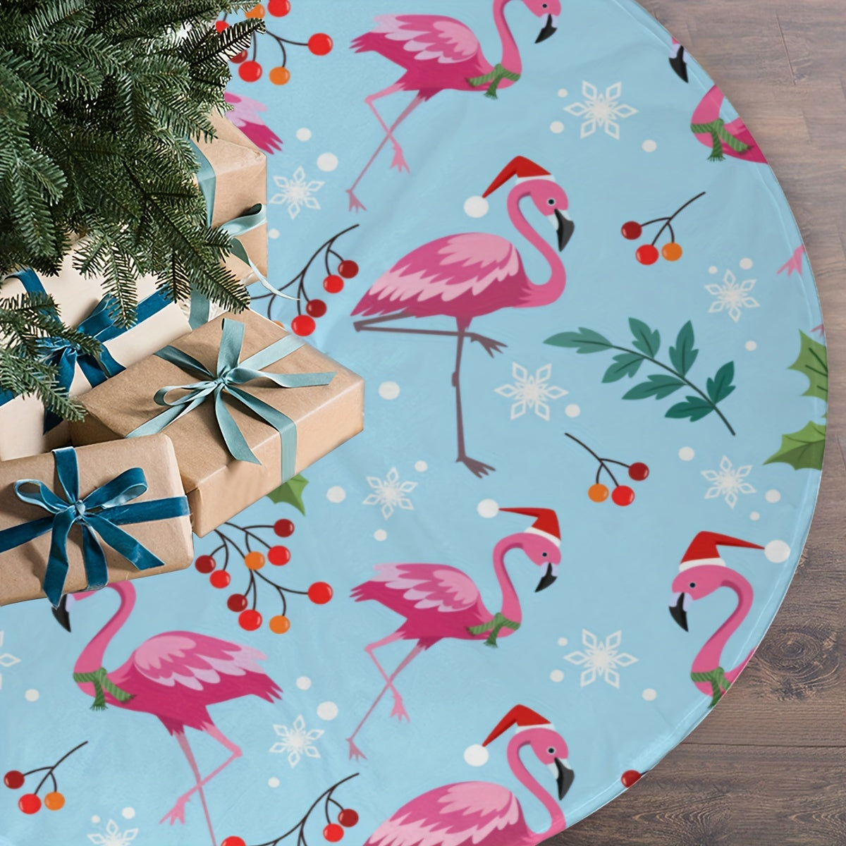 TEMU 1pc Flamingo & Christmas Tree Skirt, 48-inch - Polyester, Indoor-outdoor Holiday Decor, Seasonal Tabletop Ornament With Vibrant And Red Berries,