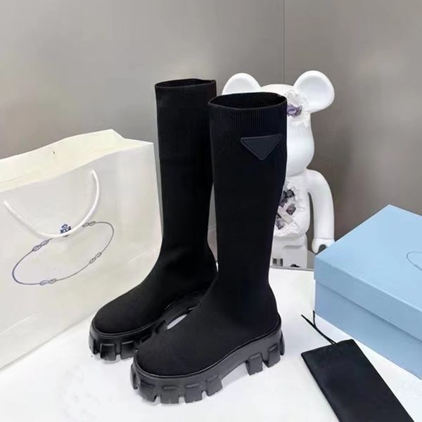 New Cuff Rib Socks Low Heel High Boots Stretch Knit Black Leather Biker Over the Knee Boots Womens Luxury Designer Shoes Factory Shoes withb