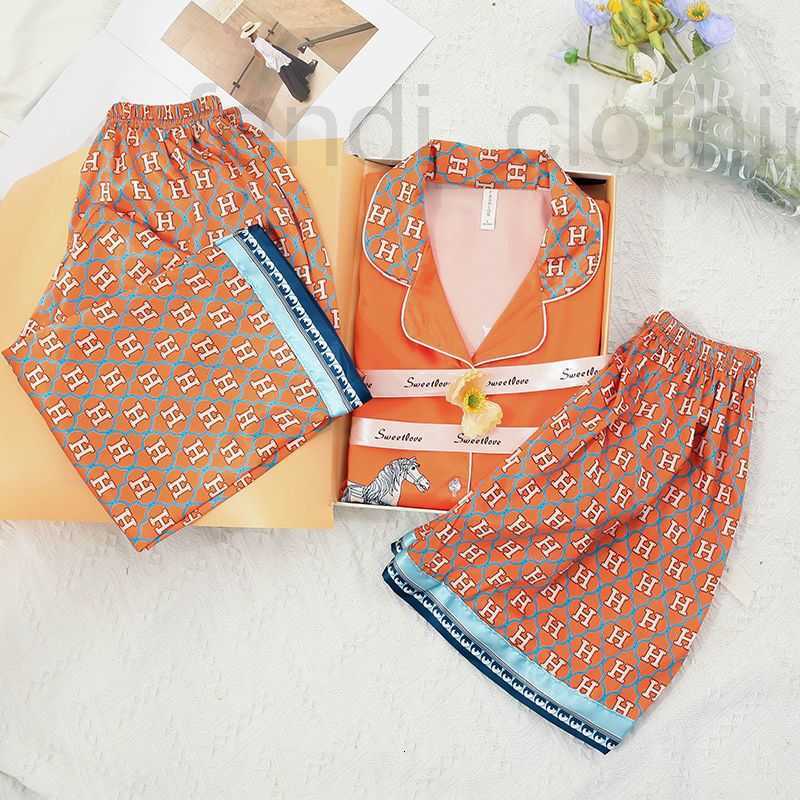 Women&#039;s Sleepwear Designer pajama Summer h Ma Orange Ice Silk Spring and Autumn High Beauty Thin Instagram Three Piece Home Furnishing Set 0g70