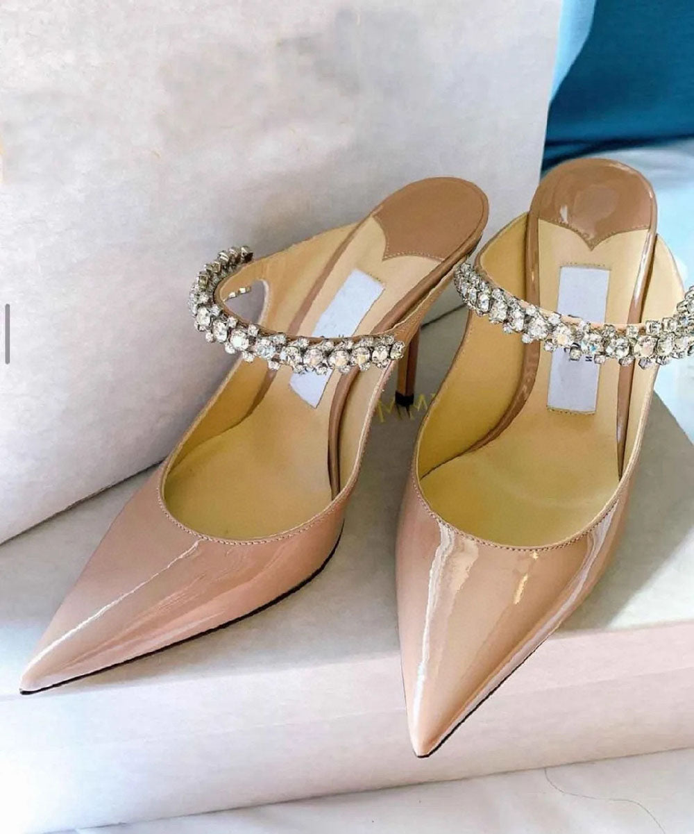 Stiletto Heel mules slippers crystal-embellished anklet Pointed toe Pumps shoes Rhinestone beaded sandals women Luxury Designers Party dinner shoes