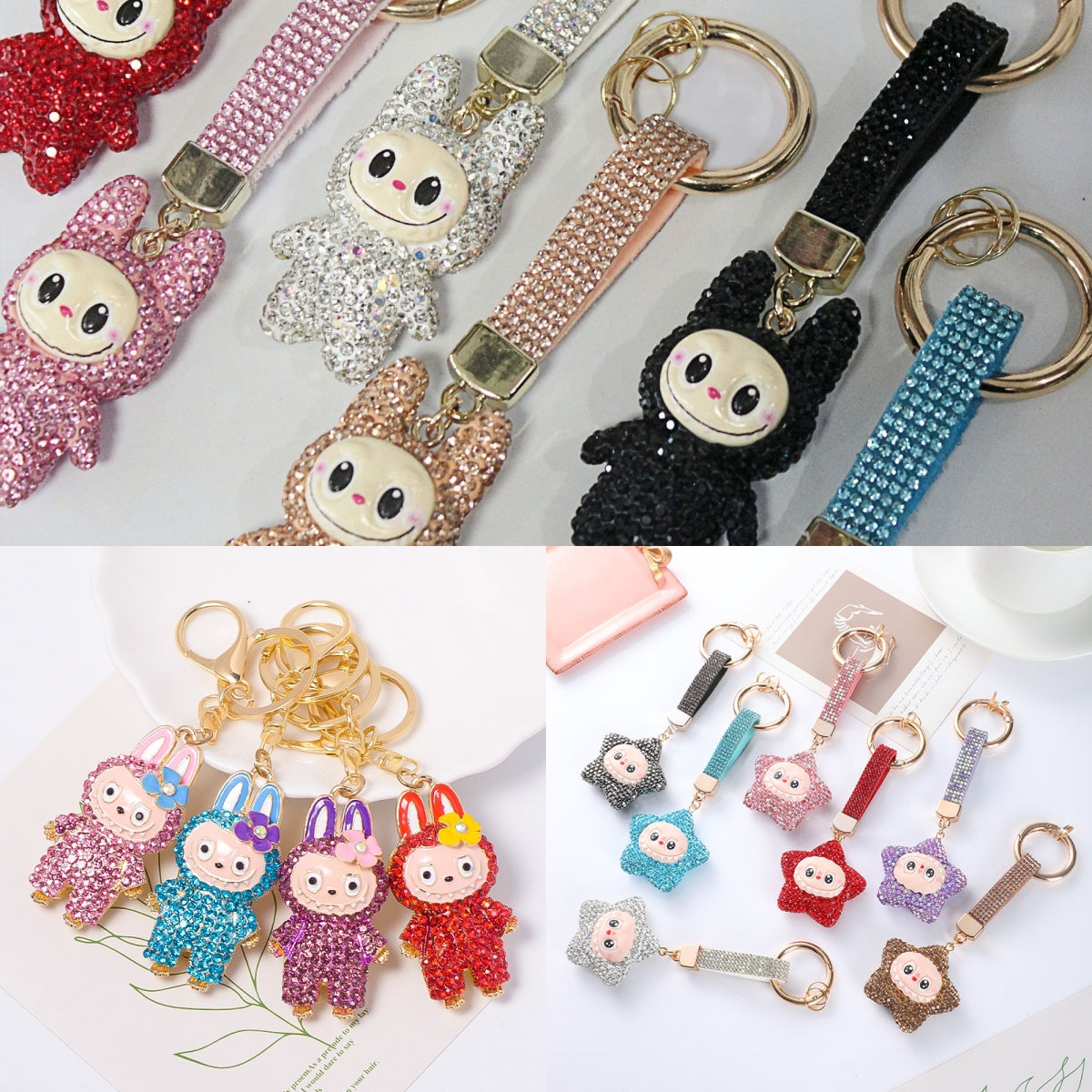 Labubu Doll Keychain Diamond Key Chain Designer Bag Charm Anime Figure Monsters Big Into Energy Series Blind Box Kawaii Figure Face Doll Key Chain D