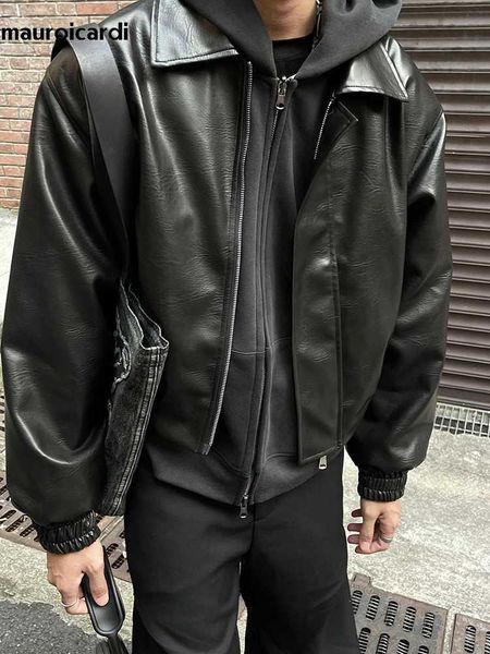 Jackets masculinos Mauroicardi Spring outono Cool Ultra Black Pu Macio Pu Couro Mens Zipper Designer de luxo American Retro Clothing J241123