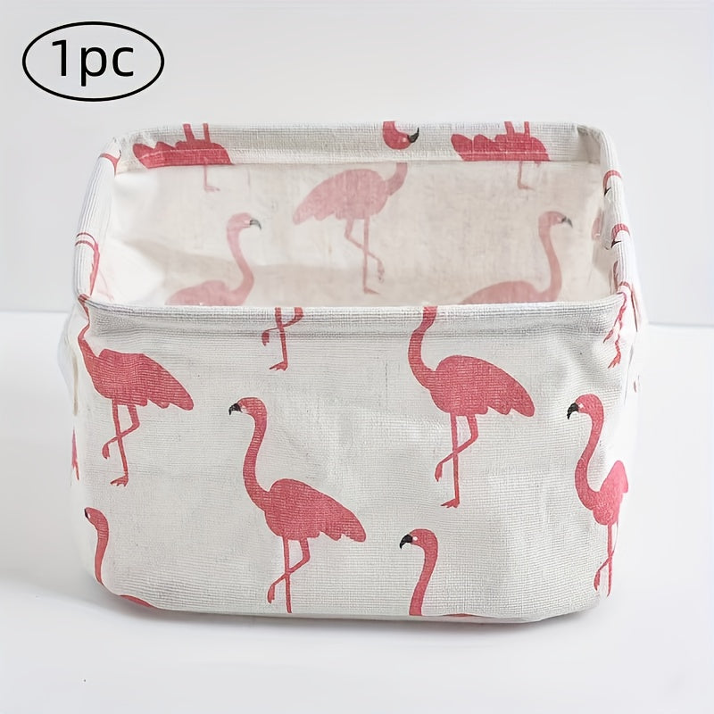 TEMU 1pc Flamingo Printing Storage Basket With Handle, Fashionable And Cute Linen Storage Basket, Desktop Storage Basket, Desktop Decoration, And