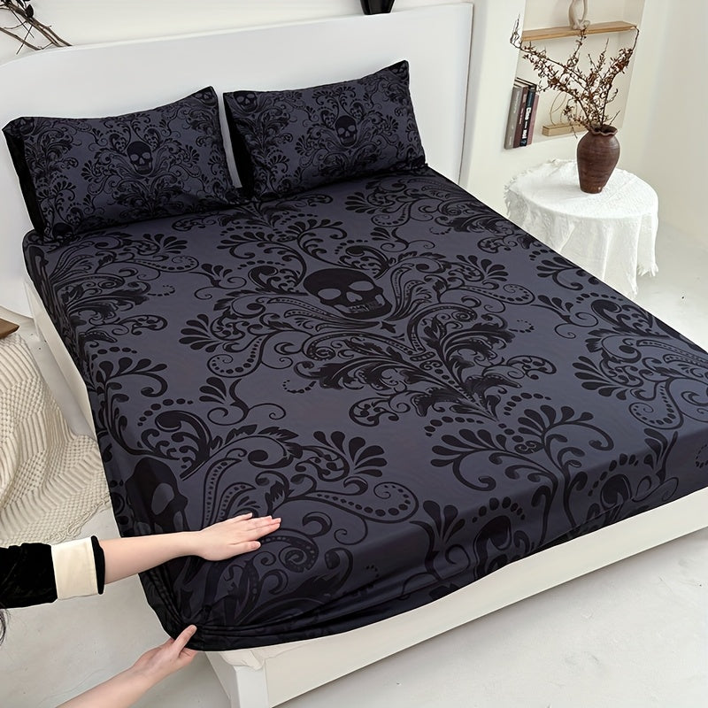 TEMU 3pcs Black Gray Pattern Victorian Baroque Gothic Vintage Fitted Sheet Set, 1fitted Sheet+2 Pillowcases (no Inserts), Classic Halloween Series,