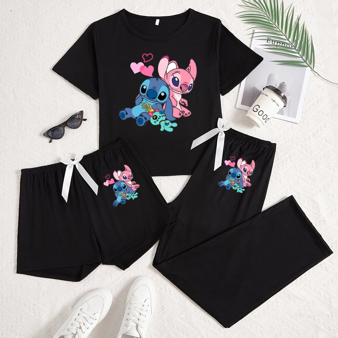 TEMU Stitch Print Women's Pajama Set - Cozy 3pcs With Black Shorts, Shorts & Pants, Bow Detail, Casual Crew Neck, Sleepwear, Pajamas|cartoon Print