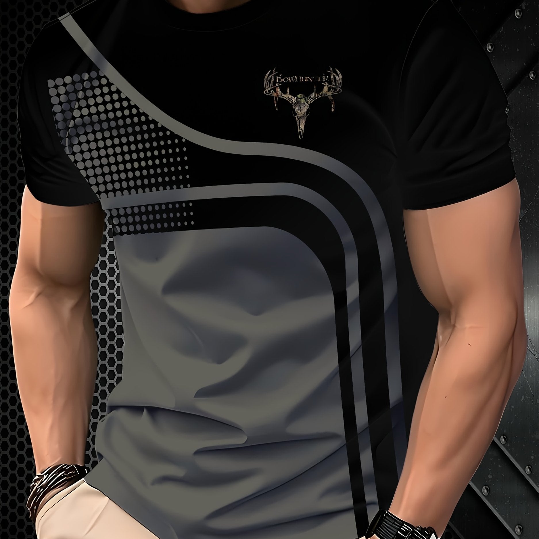 TEMU Men's Casual Graphic T-shirt With Deer Skull Head Print - Black & Gray , Round Neck, Short Sleeve, Breathable Summer Tee For Casual Attire,