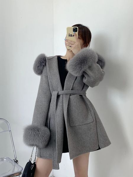 Women&#039;s Wool Blends 2023 woolen Coat Oversize Ladies Outerwear Winter Women Natural Fur Collar Cuffs Jacket Hood Cashmere 231206