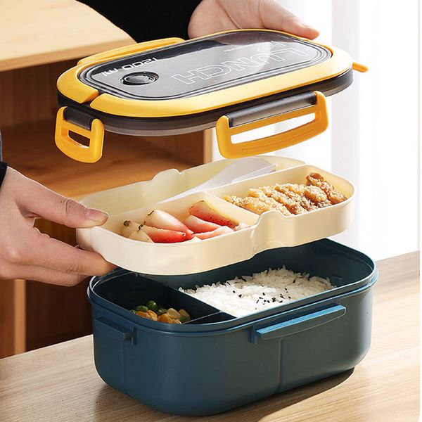 Lunch Boxes Portable Hermetic Lunch Box 2 Layer Grid Children Student Bento Box with Fork Spoon Leakproof Microwavable Prevent Odor School 2
