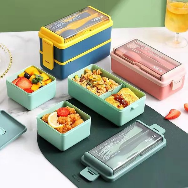Double layered portable childrens lunch box with fork and spoon microwave cutlery set food storage container w240820